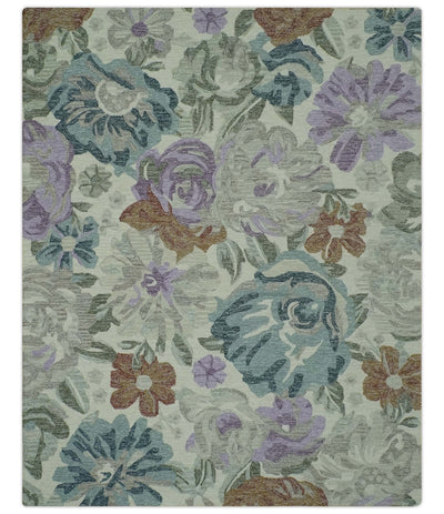 Ivory, Gray, Purple Flower Design Hand Tufted 8x10 wool Area Rug