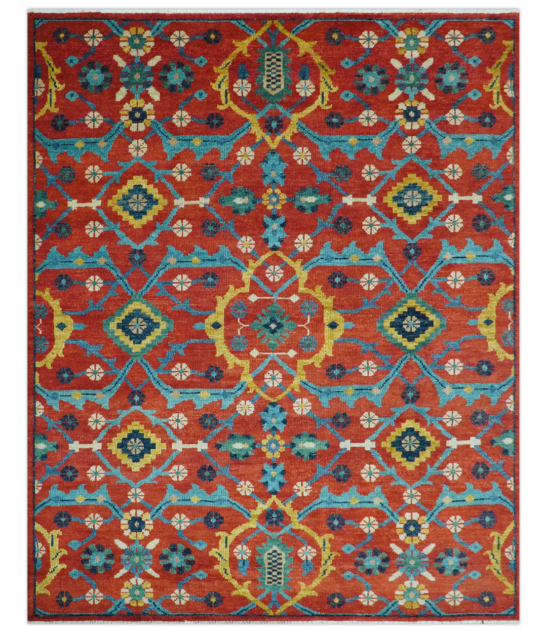 Custom Made Red And Blue Traditional Floral Motifs Hand Knotted Wool Rug