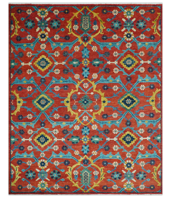 Custom Made Red And Blue Traditional Floral Motifs Hand Knotted Wool Rug