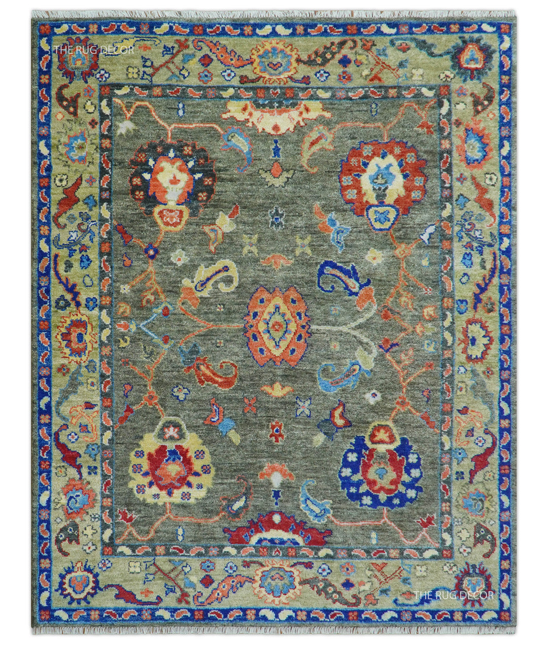 Ready to Ship 7x9 Feet Oushak Olive And Rust Hand Knotted Wool Rug