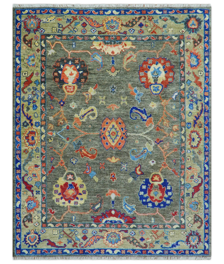 Ready to Ship 7x9 Feet Oushak Olive And Rust Hand Knotted Wool Rug