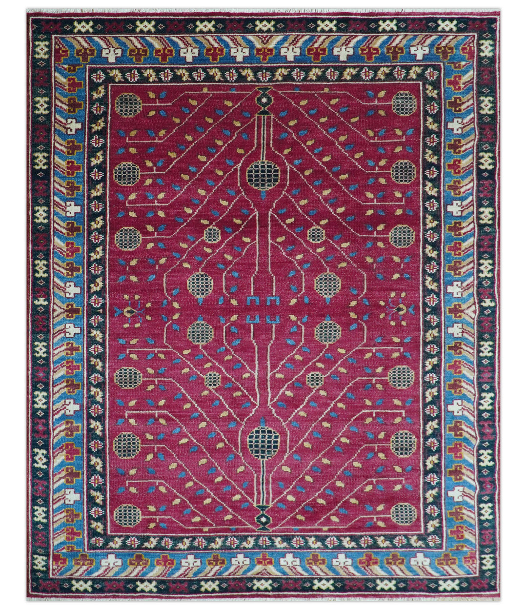 Custom Made Traditional Tribal Design Red And Blue Hand Knotted Wool Rug