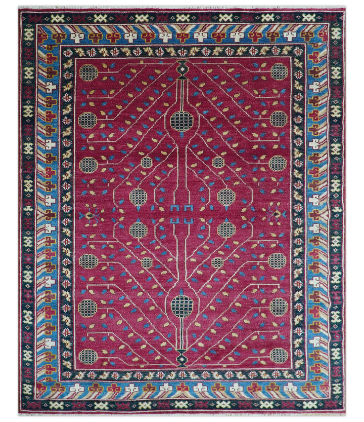 Custom Made Traditional Tribal Design Red And Blue Hand Knotted Wool Rug