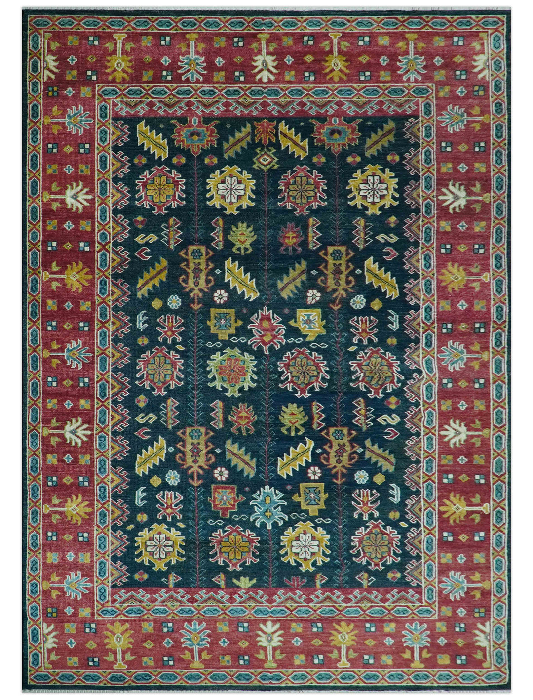 Custom Made Blue And Red Traditional Tribal Design Hand Knotted Wool Rug