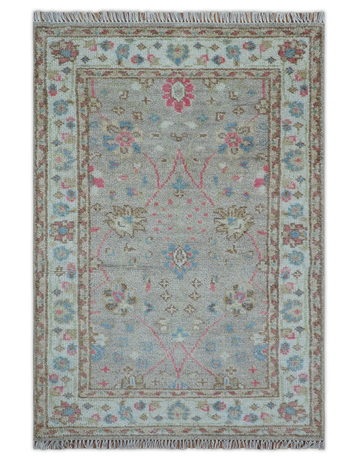 Traditional Oushak Design Beige And Blue 4x6 Hand knotted Wool Area Rug