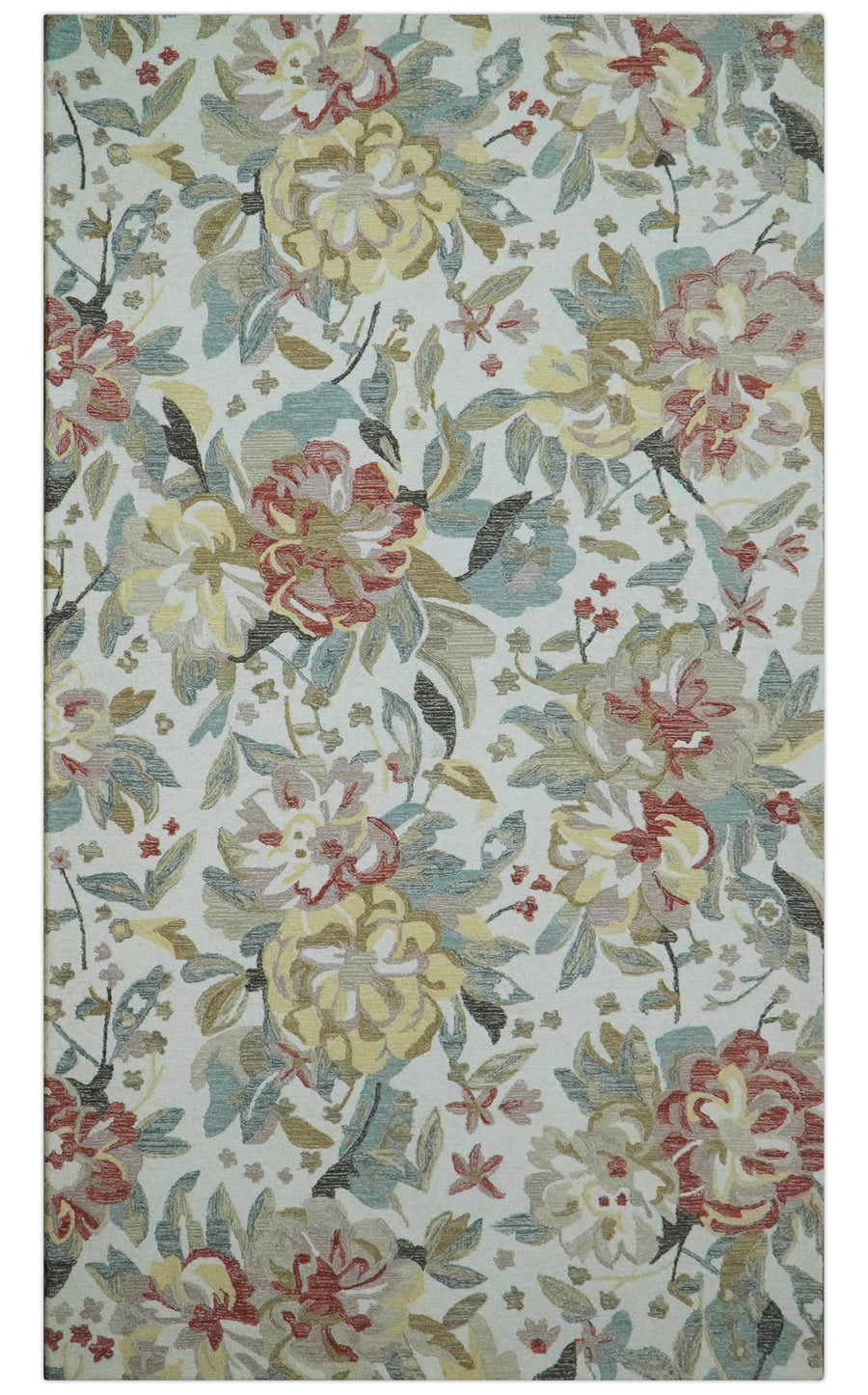 Floral hand-tufted wool rug with ivory base and multicolor blooms, rectangular shape