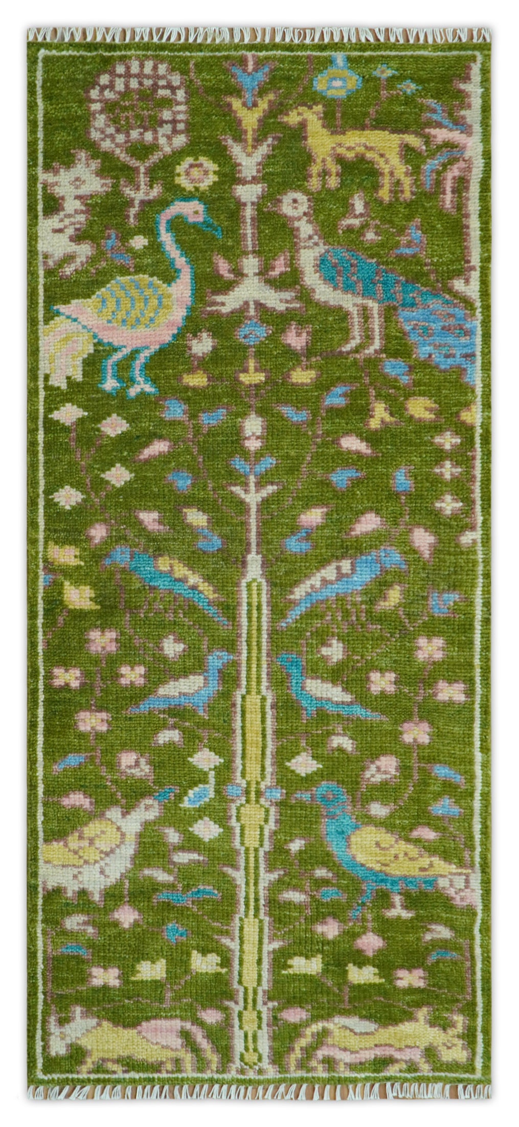 Custom Made Hand Knotted Jungle Life Peacock Green Runner Wool Rug
