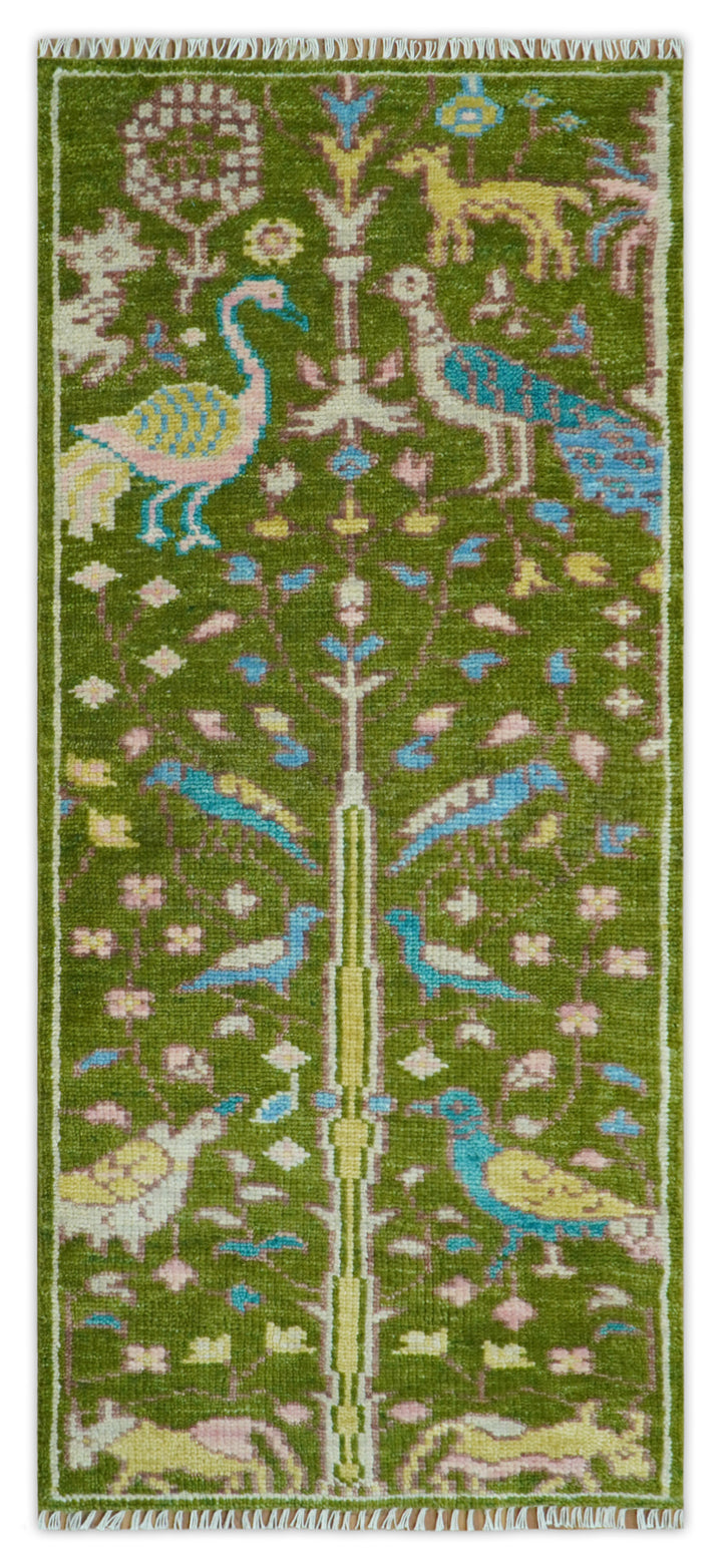Custom Made Hand Knotted Jungle Life Peacock Green Runner Wool Rug