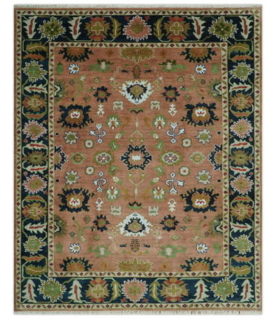 Peach, Blue and Green Traditional Oushak hand knotted 8x10 wool area rug