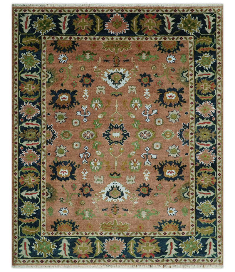 Peach, Blue and Green Traditional Oushak hand knotted 8x10 wool area rug