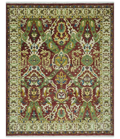 Maroon and Green Hand Knotted Traditional Large Design 8x10 wool area rug