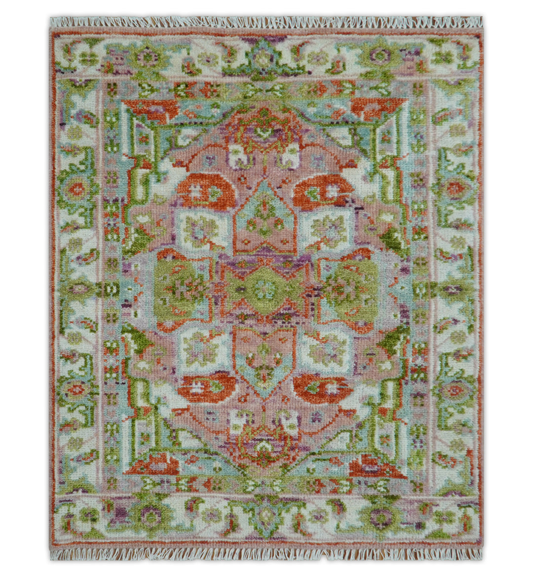 Quick Ship 4x5 Transitional Pink, Green and Ivory wool Area Rug
