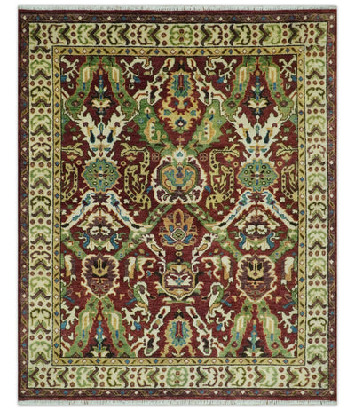 Traditional Large Design Maroon and Green Hand Knotted Custom Made wool area rug