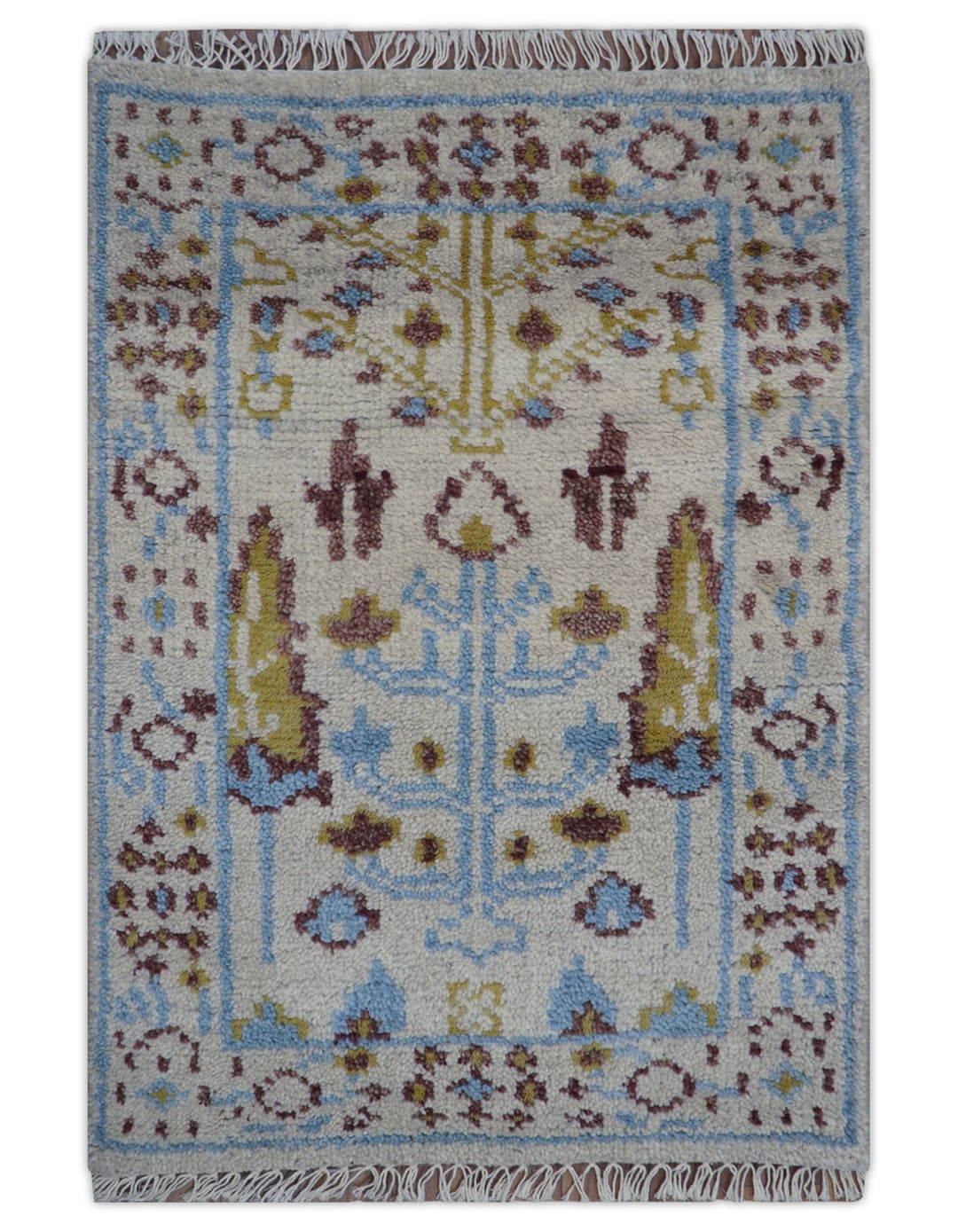 Tree of life Beige And Blue Hand Knotted 2x3 Wool Rug
