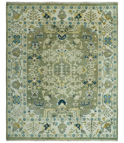 Green and Ivory Traditional Turkish Hand Knotted 8x10 Antique Style Wool Area Rug