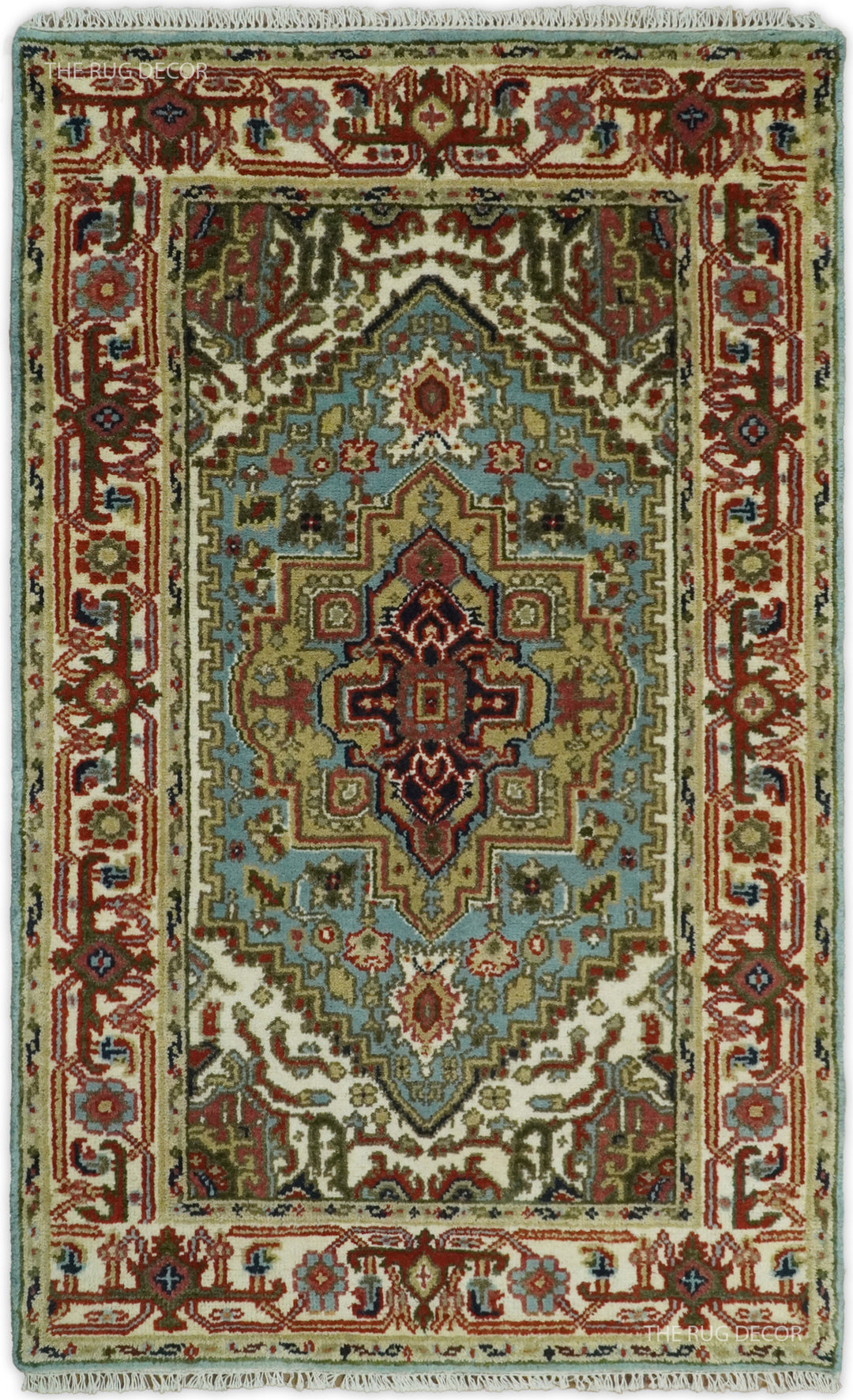 Traditional hand-knotted wool rug with medallion center in blue, ivory, and rust accents