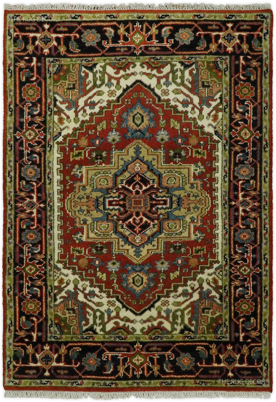 Traditional Serapi wool rug with olive, rust, navy and cream geometric medallions