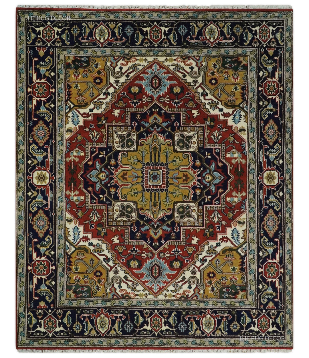 Rust and blue traditional Heriz Serapi area rug centered geometric medallion and frame border