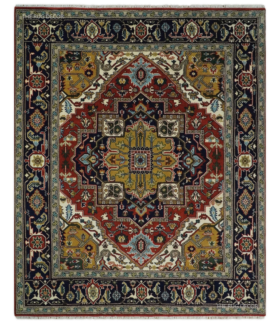 Rust and blue traditional Heriz Serapi area rug centered geometric medallion and frame border