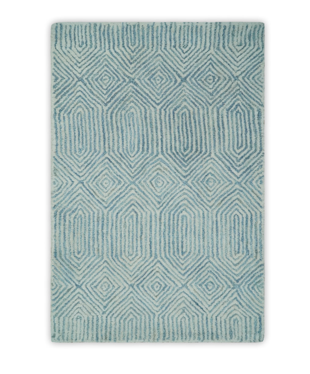 Ready to Ship Teal And Ivory Modern Contemporary Hand Tufted 2x3 Wool Rug