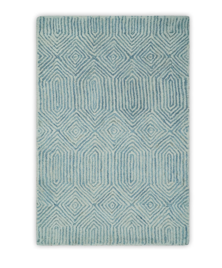 Ready to Ship Teal And Ivory Modern Contemporary Hand Tufted 2x3 Wool Rug