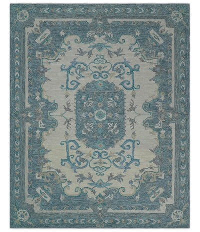 French Design Aubusson 8x10 Ivory and Blue Hand Tufted Wool Area Rug
