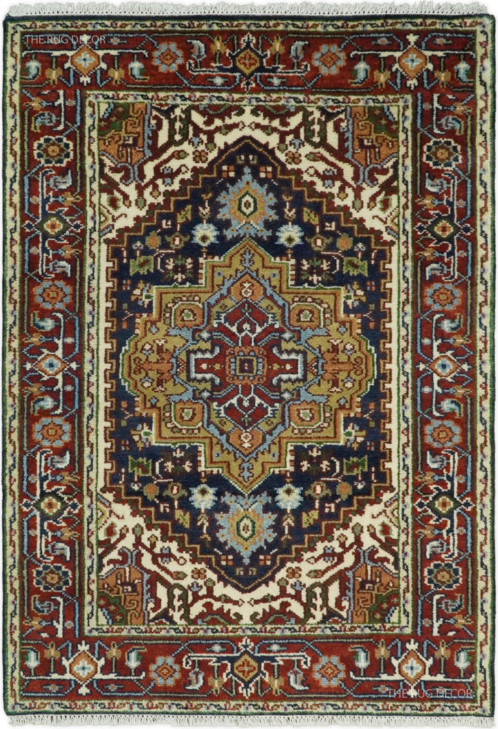 Sera Red And Blue Traditional Serapi Design Hand Knotted Wool Rug