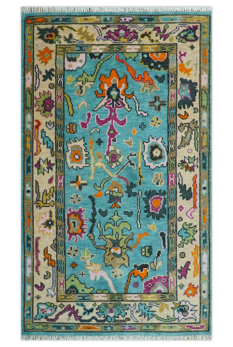 Made to Order Traditional Blue and Ivory Vibrant colorful Hand knotted Oushak wool area rug