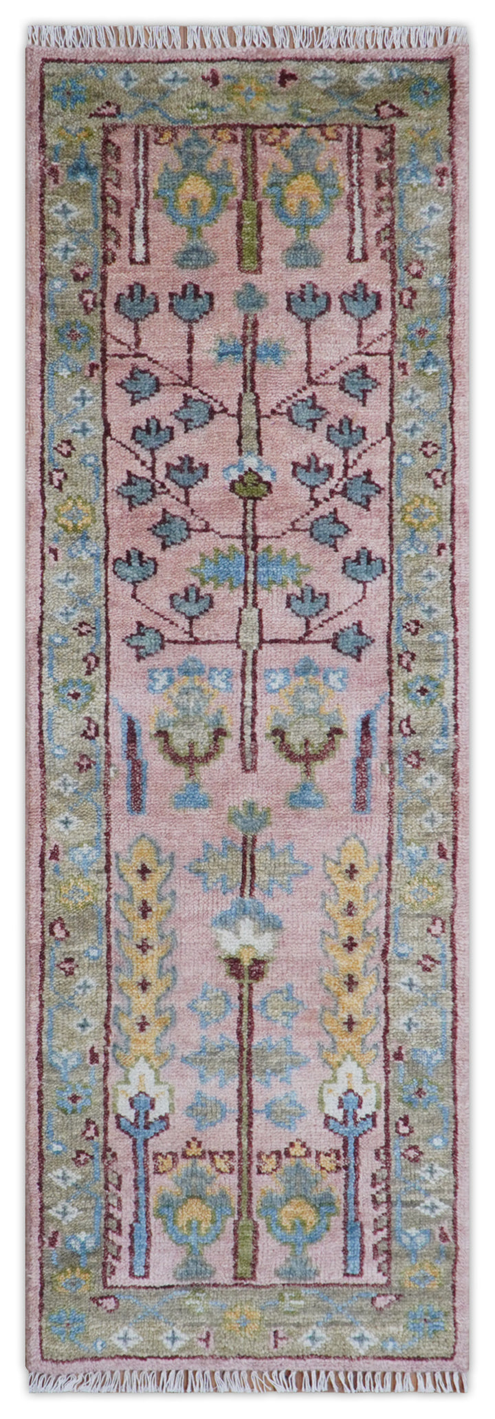 Quick Ship 2.6x8 Hand Knotted Tree of life Pink And Olive Wool Rug