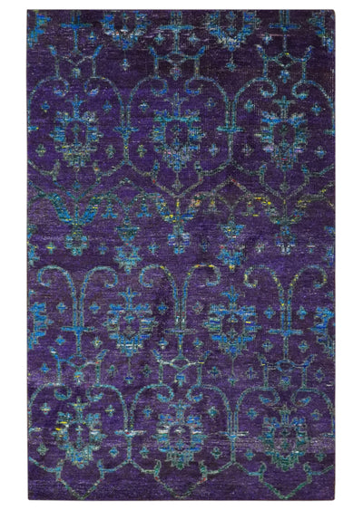 Violet and Blue Traditional Ikat design 5x8 Hand knotted wool area rug