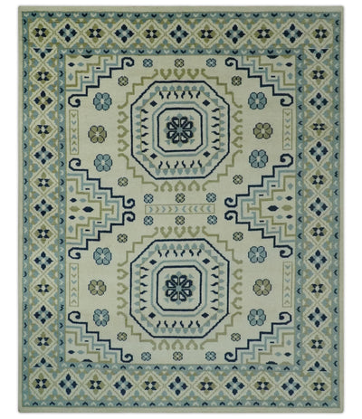 Ivory, Blue and Olive Traditional Mamluk design Custom Made wool area Rug