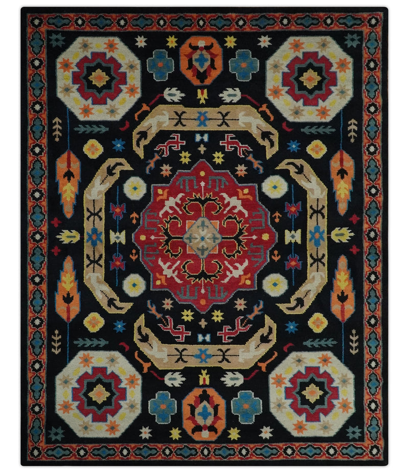 Custom Made Colorful Black, Maroon and Beige Traditional Mamluk Design wool Rug