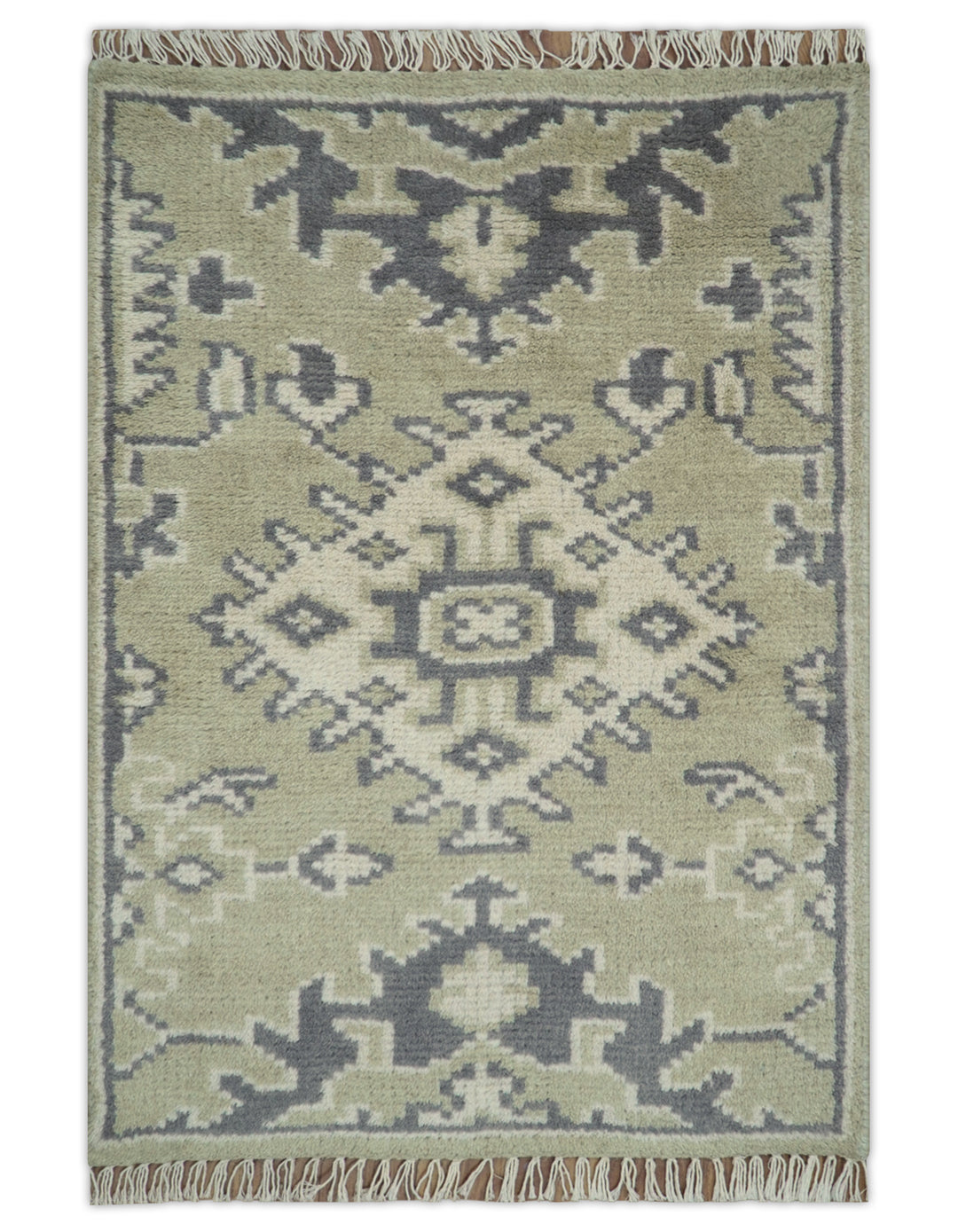 Small 2x3 Traditional Beige And Gray Hand Knotted Wool Rug