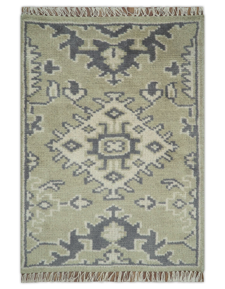 Small 2x3 Traditional Beige And Gray Hand Knotted Wool Rug