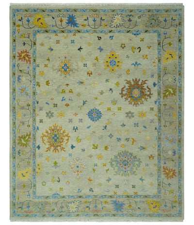 Olive and Blue Hand Knotted 8x10 Traditional Floral wool area rug