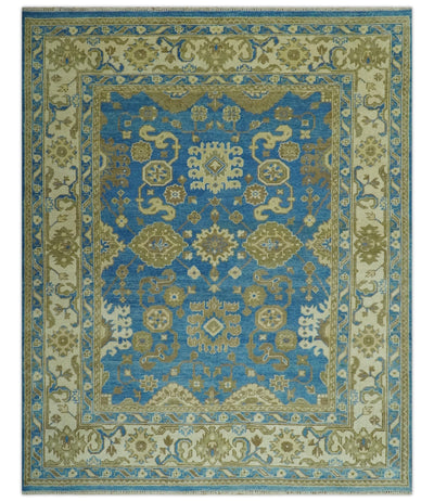 Antique design 8x10 Blue and Olive Traditional Oriental Oushak wool area rug