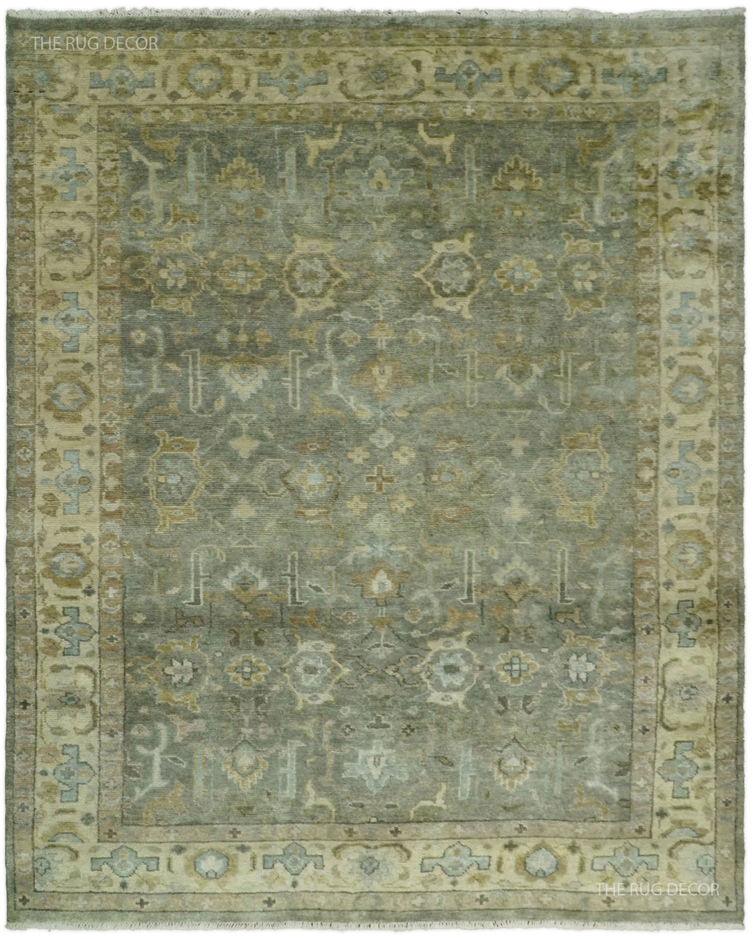 Vintage-style Turkish rug with ornate medallion pattern in gray and beige, distressed look