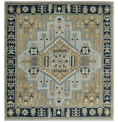 Vintage Distressed Hand Knotted Traditional Heriz Serapi Camel, Ivory and Black Custom Made wool Area Rug