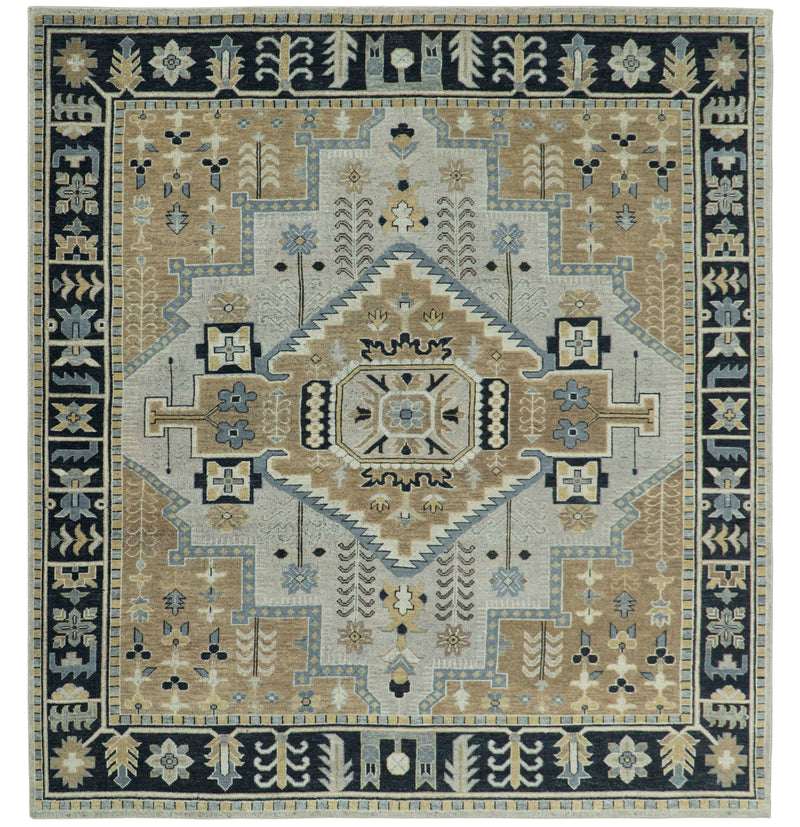 Vintage Distressed Hand Knotted Traditional Heriz Serapi Camel, Ivory and Black Custom Made wool Area Rug