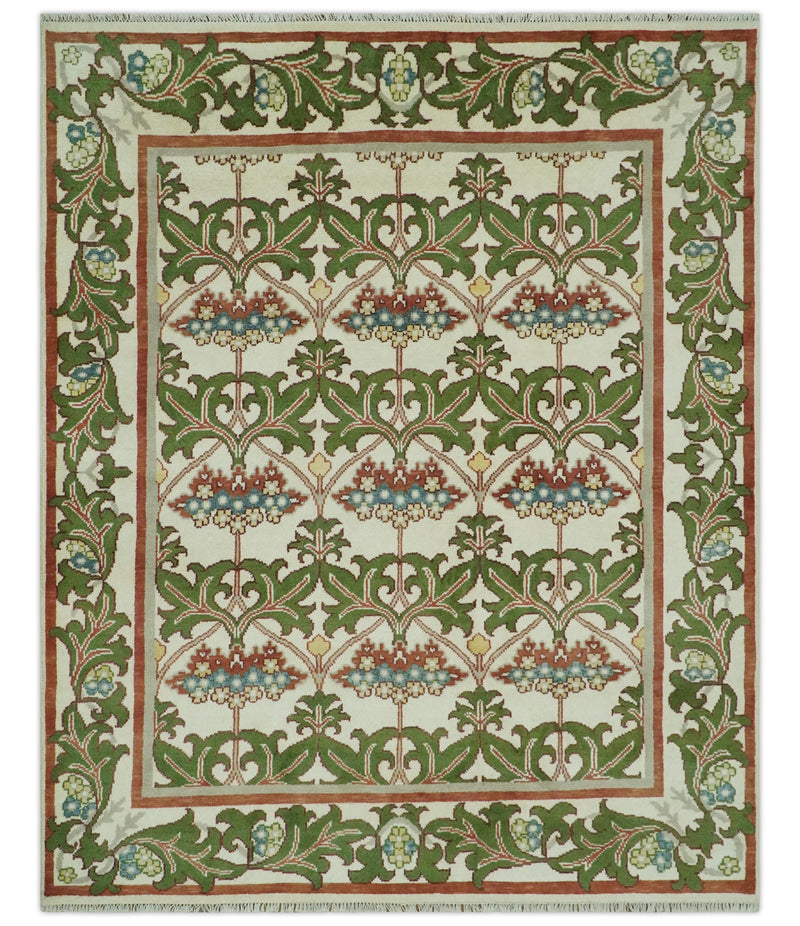 Hand Knotted Ivory and Green Floral Traditional Antique Style Wool Area Rug