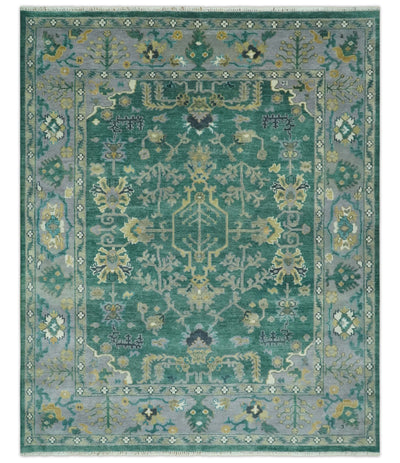 Hand Knotted 8x10 Green and Gray Traditional Turkish Antique Style Wool Area Rug