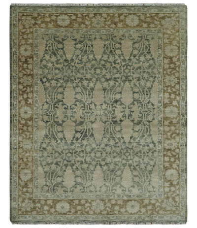 Antique look vintage style 8x10 Green, Beige and Brown traditional Hand Knotted wool rug