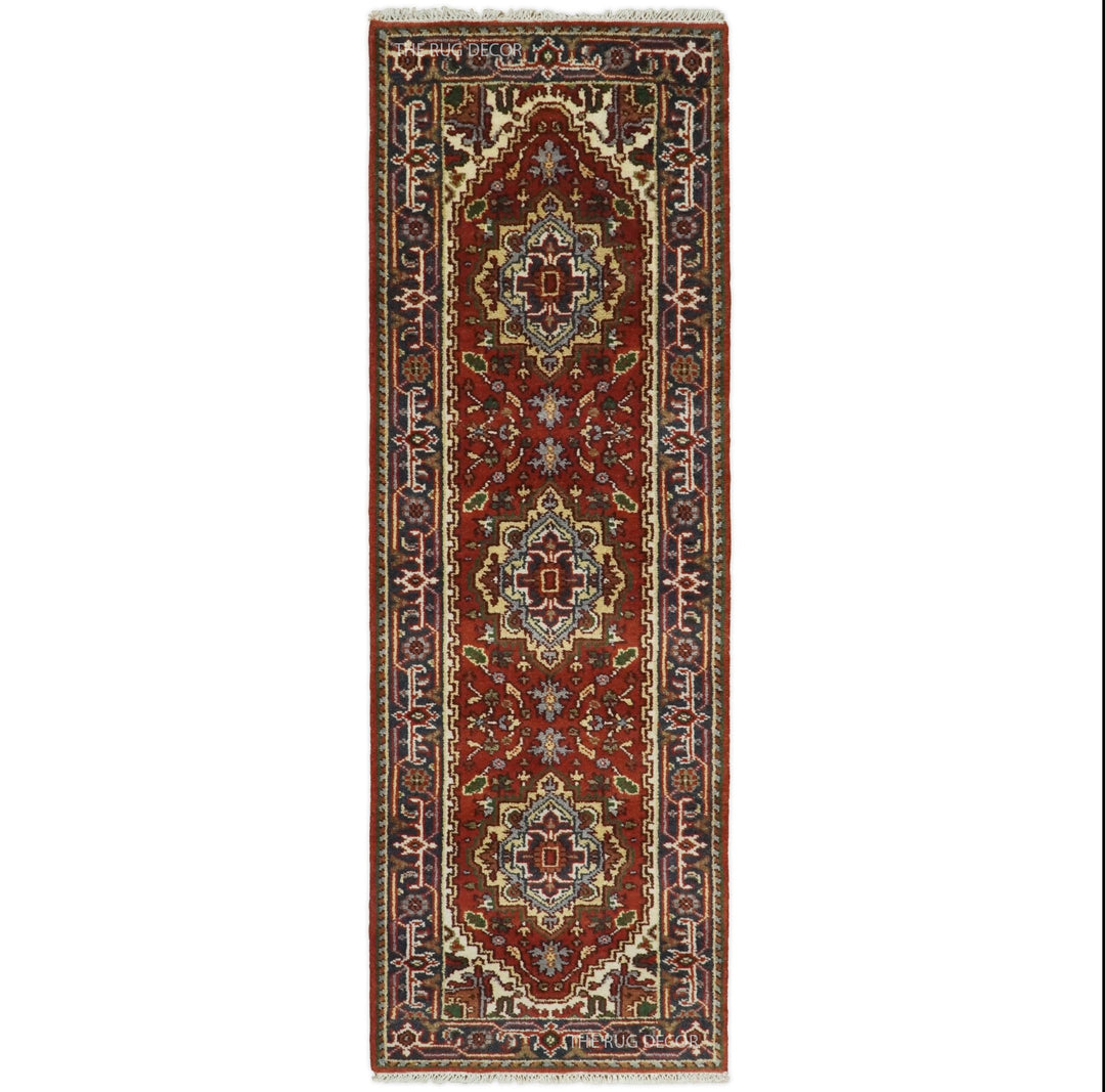 Sera Runner traditional red and blue wool rug with three central medallions
