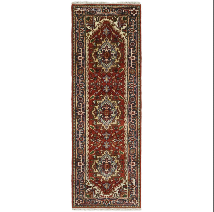 Sera Runner traditional red and blue wool rug with three central medallions