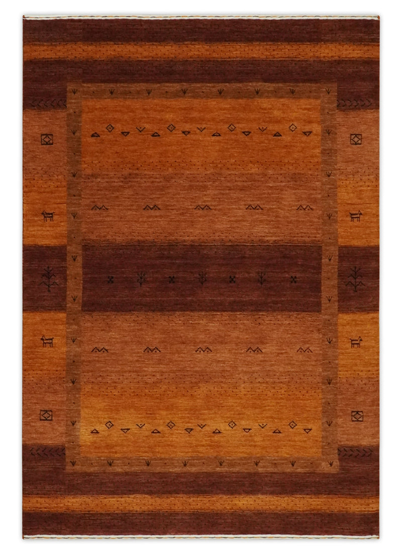 Geometrical Stripes Design 4.6x7 Rust and Brown Hand loom  wool Area Rug