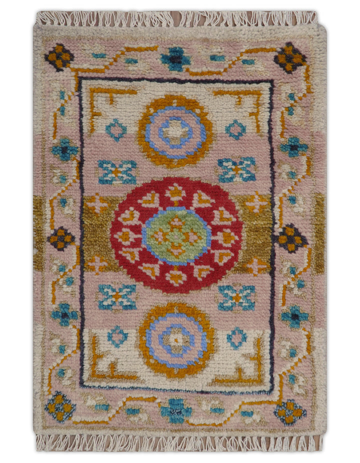 Hand knotted 2x3 Peach And Red Traditional Khotan Design Wool Rug