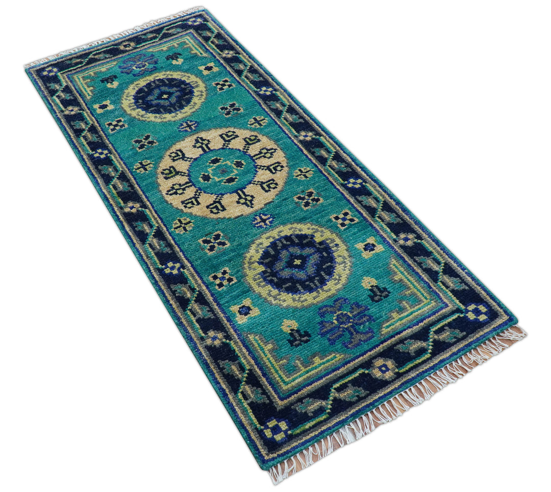 Traditional Khotan Design Teal Hand knotted 3x6 Wool Area Rug