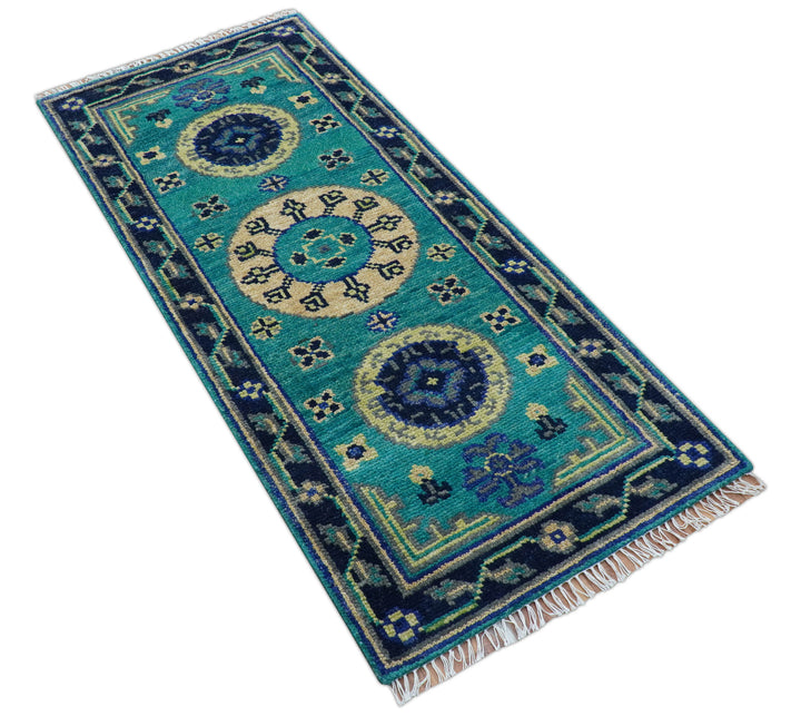 Traditional Khotan Design Teal Hand knotted 3x6 Wool Area Rug