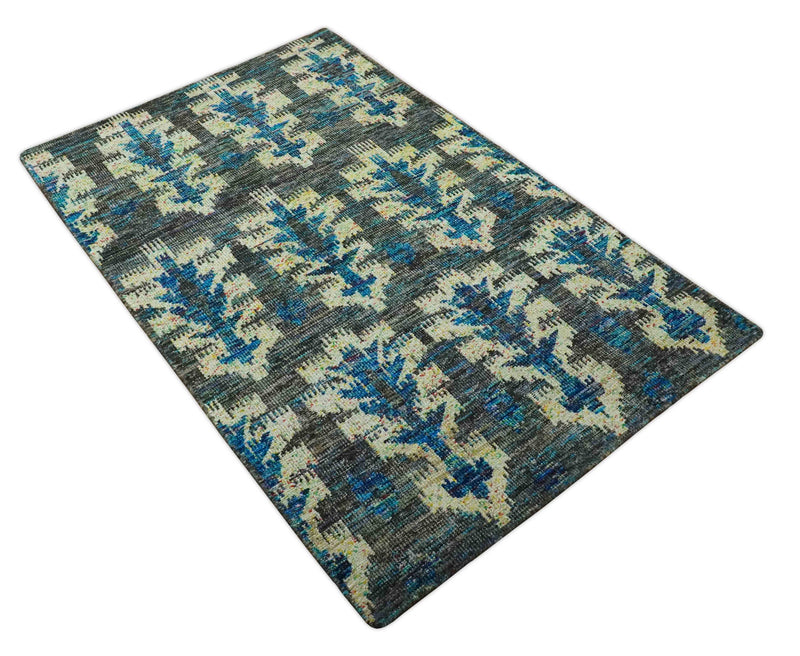 5x8 Traditional Ikat design Charcoal, Blue and Beige Hand knotted wool area rug