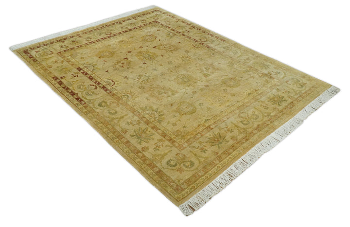 Antique Style 8x10 Hand Knotted Beige, Olive and Brown Traditional Oushak Wool Rug